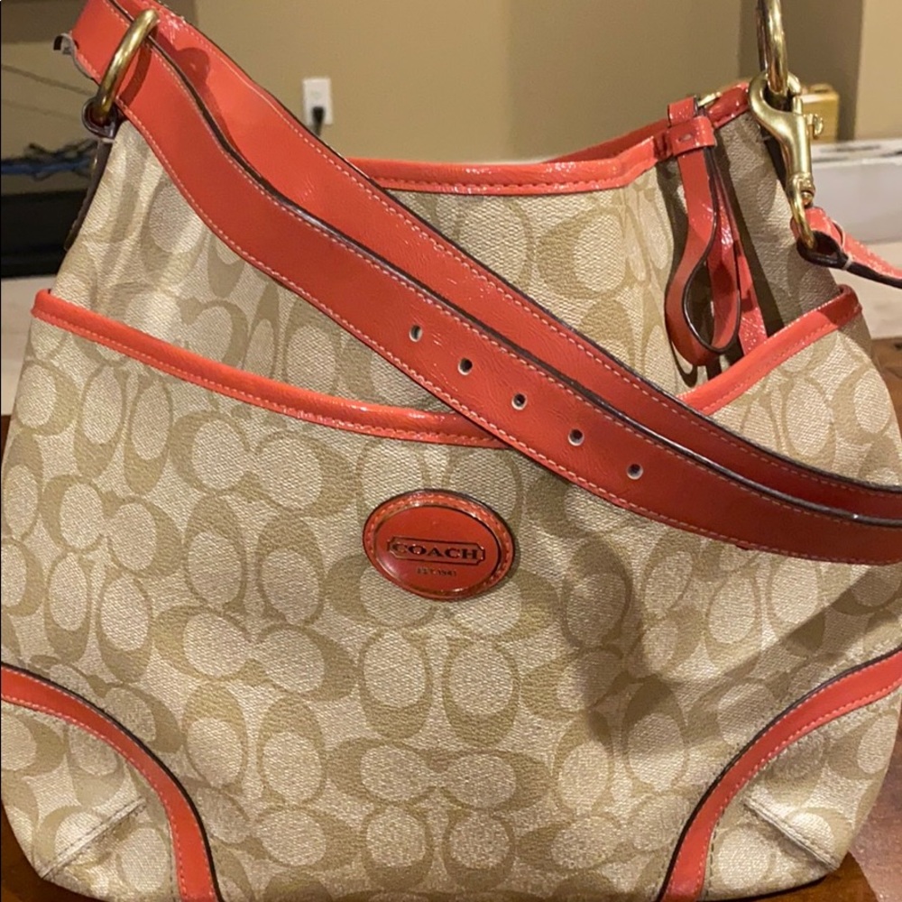 Coach large purse, tan with coral accents